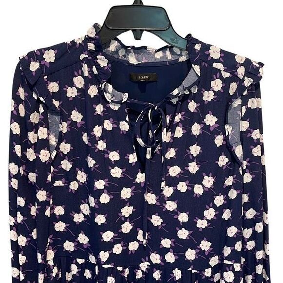 J. Crew Tie-neck tiered dress in scattered peony print Navy White Purple Size Sm - Picture 5 of 11